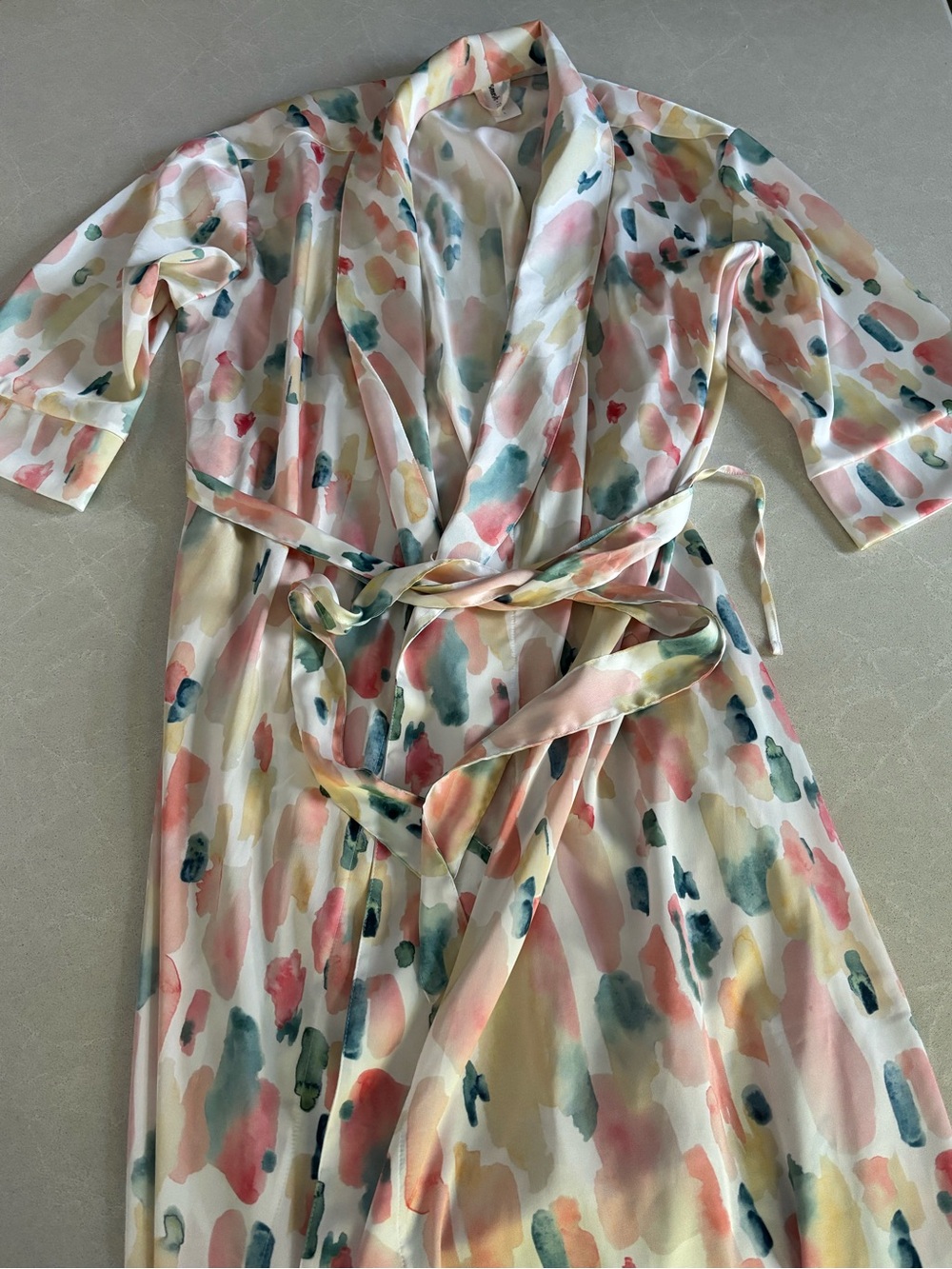 Smash + Tess Satin Pastel Watercolor Belted Duster Robe Size Large Long